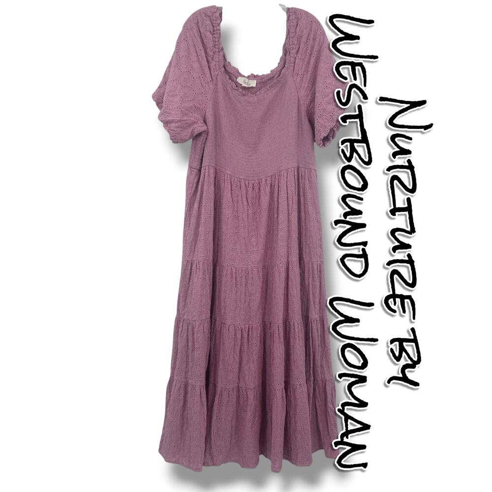 Nurture by Westbound 2X Pink Eyelet Smocked Tiered Maxi Dress Cottagecore Plus